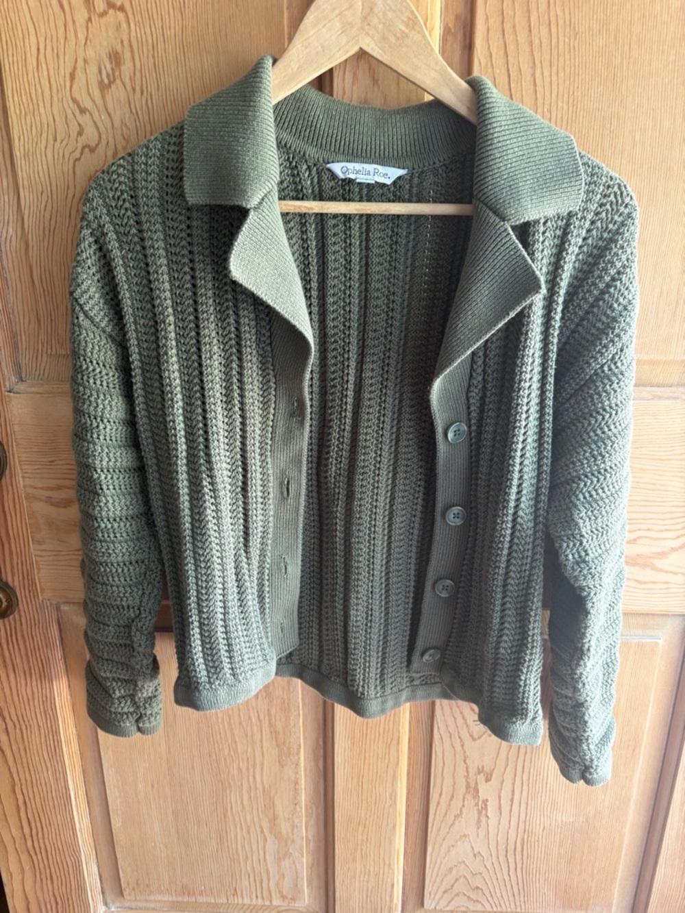 Olive Green Collared Cardigan | Ophelia Roe | Size Small - Picture 3 of 5